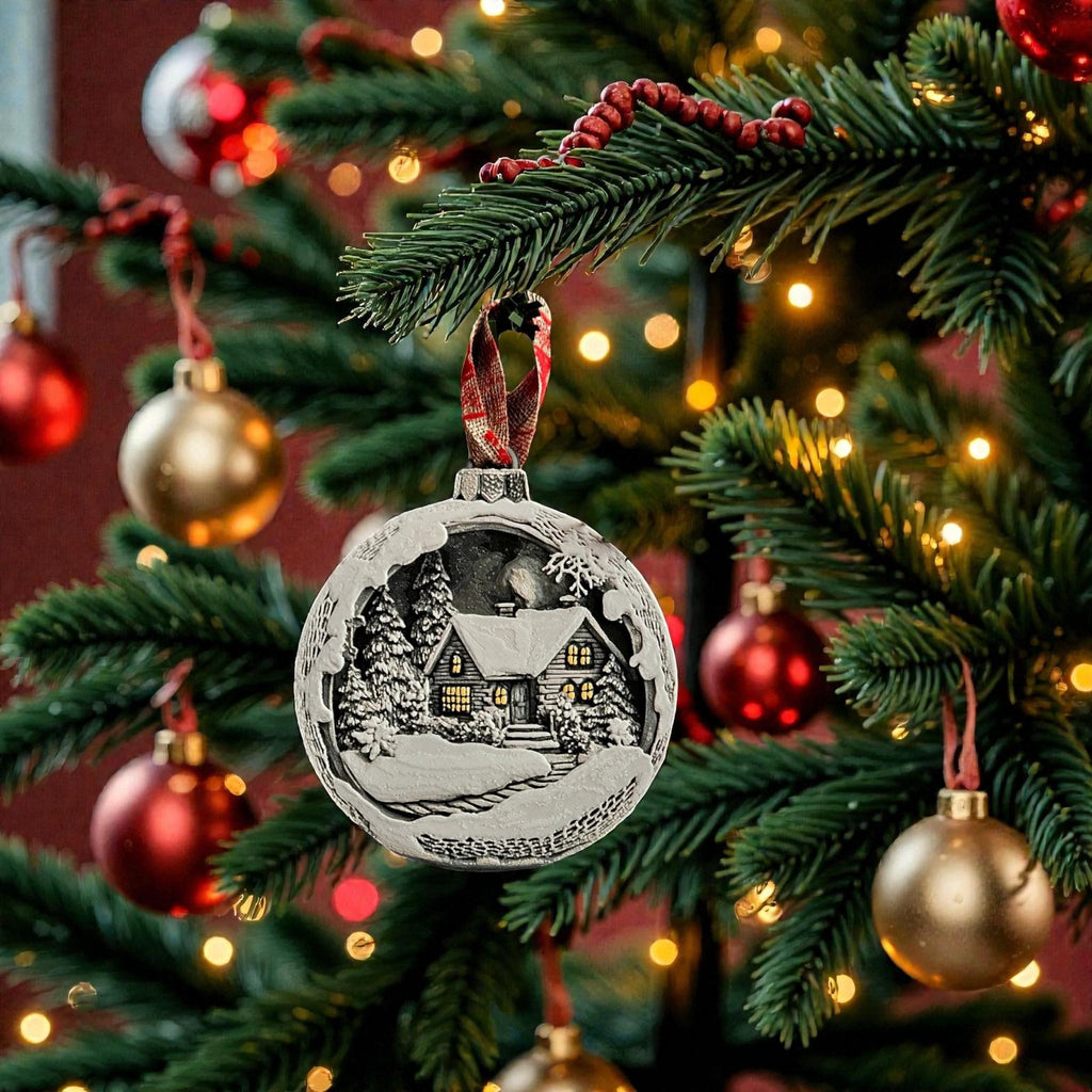 Ornament Winter Scene with Mountain Cottage, Holiday Decoration Tree Bauble - JM Designs