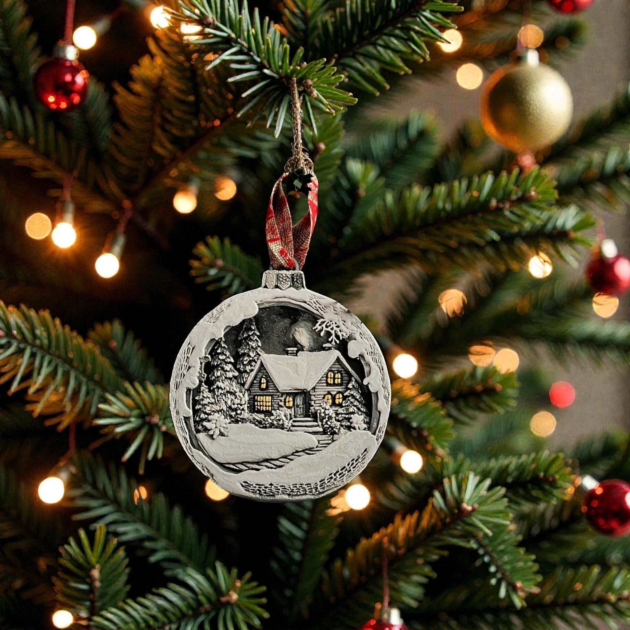 Ornament Winter Scene with Mountain Cottage, Holiday Decoration Tree Bauble - JM Designs