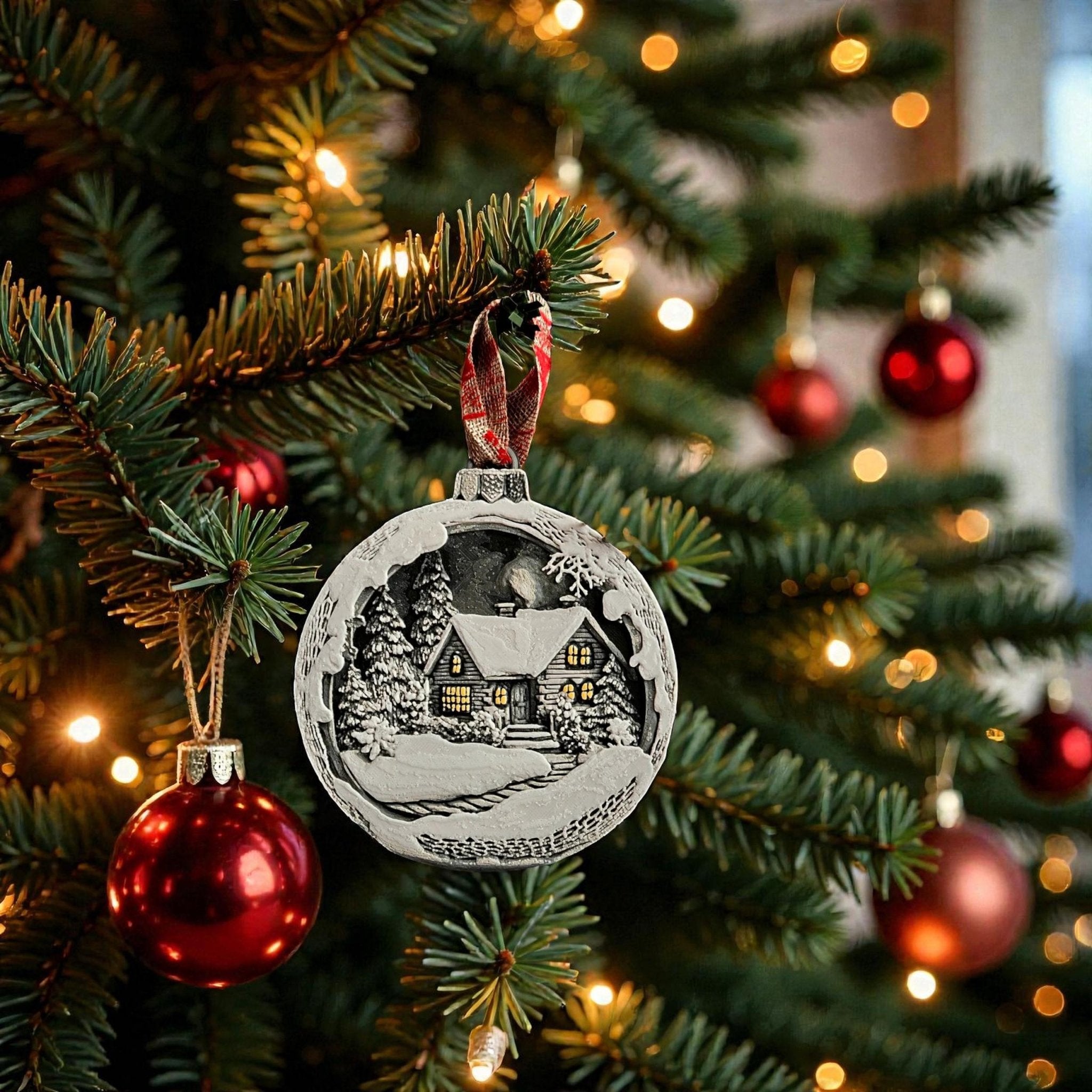 Ornament Winter Scene with Mountain Cottage, Holiday Decoration Tree Bauble - JM Designs
