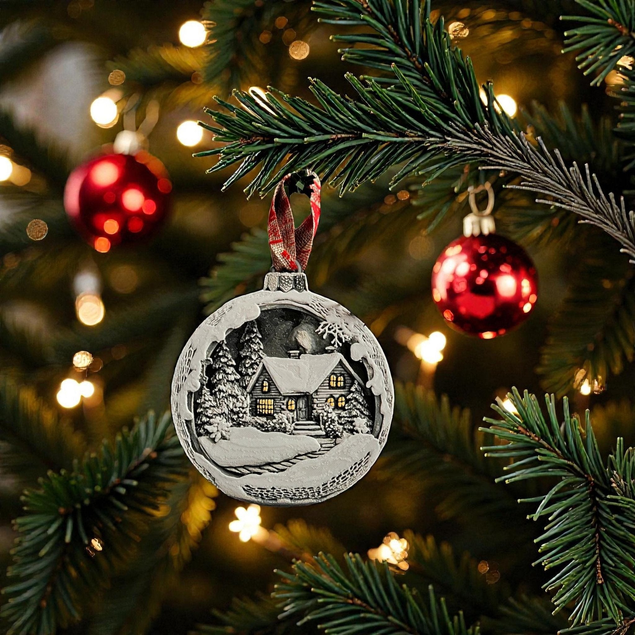Ornament Winter Scene with Mountain Cottage, Holiday Decoration Tree Bauble - JM Designs
