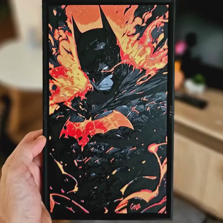 Framed Batman Wall Art, 3D Printed Superhero Art with Fiery Background