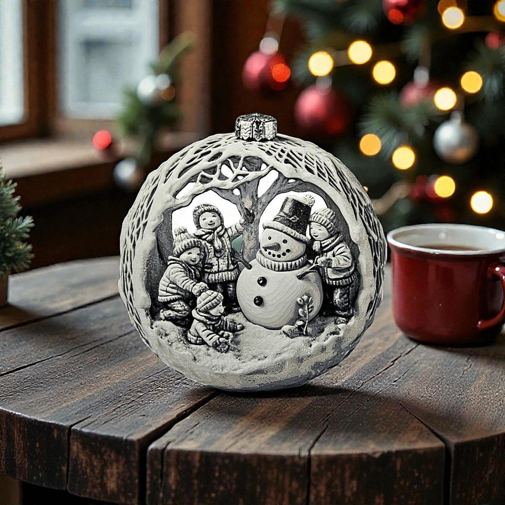 Snowman Ornament, 3D Printed Christmas Bauble with Winter Scene Design - JM Designs