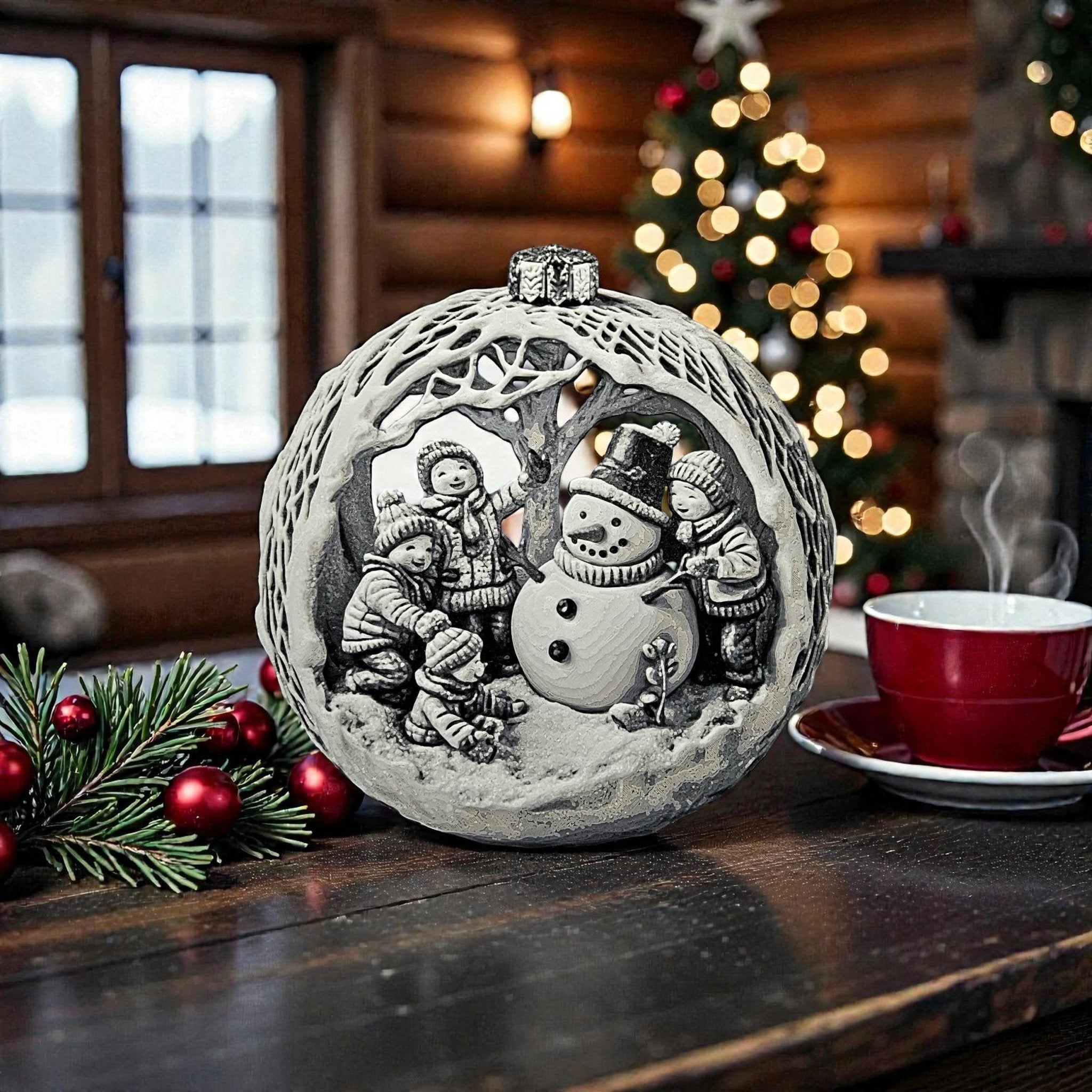Snowman Ornament, 3D Printed Christmas Bauble with Winter Scene Design - JM Designs