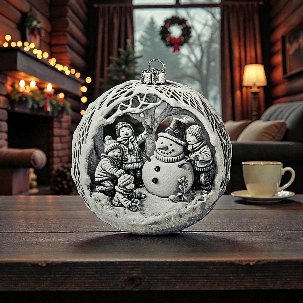 Snowman Ornament, 3D Printed Christmas Bauble with Winter Scene Design - JM Designs