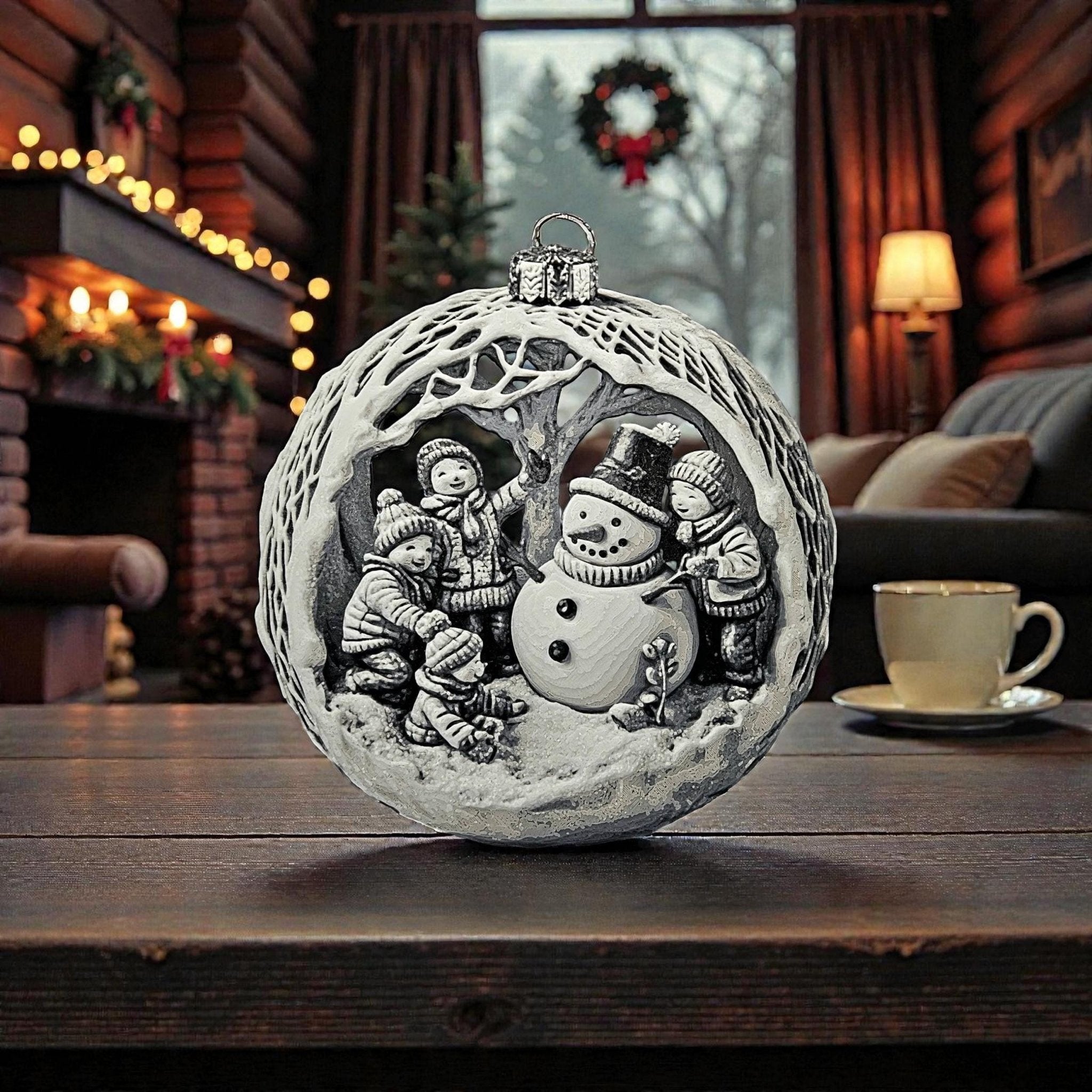 Snowman Ornament, 3D Printed Christmas Bauble with Winter Scene Design - JM Designs