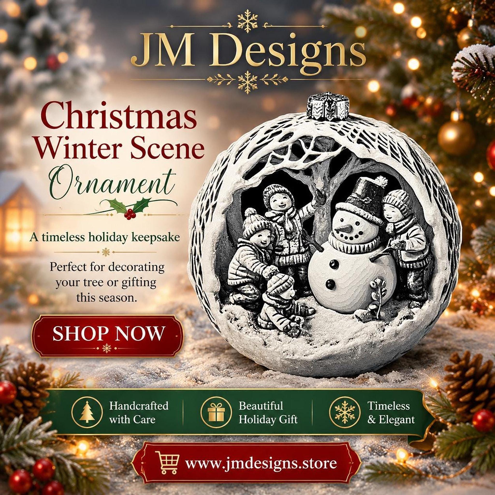 Snowman Ornament, 3D Printed Christmas Bauble with Winter Scene Design - JM Designs