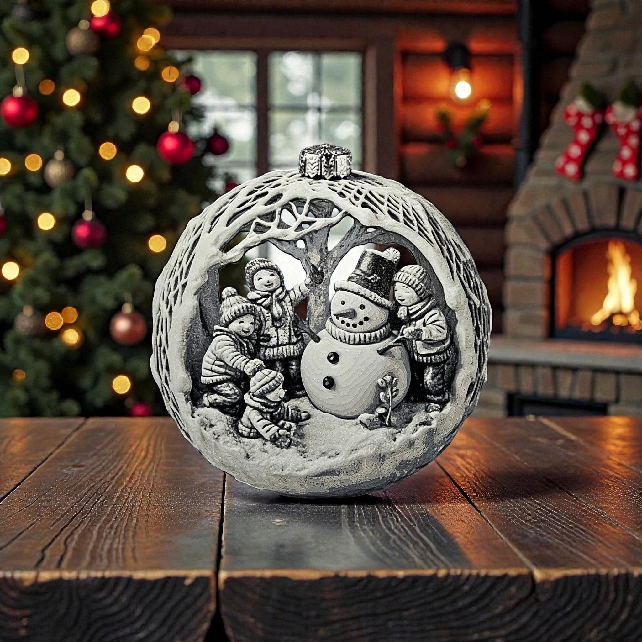 Snowman Ornament, 3D Printed Christmas Bauble with Winter Scene Design - JM Designs