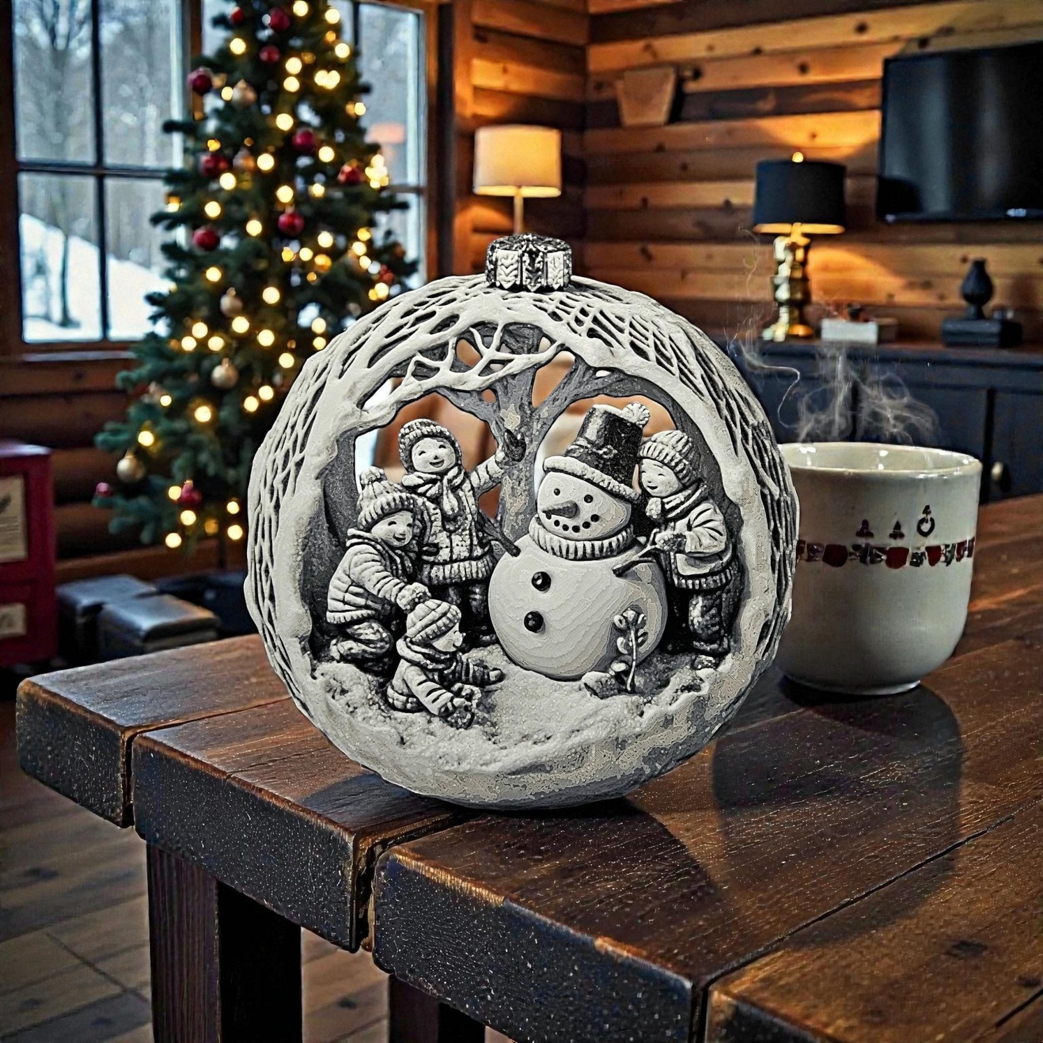 Snowman Ornament, 3D Printed Christmas Bauble with Winter Scene Design - JM Designs