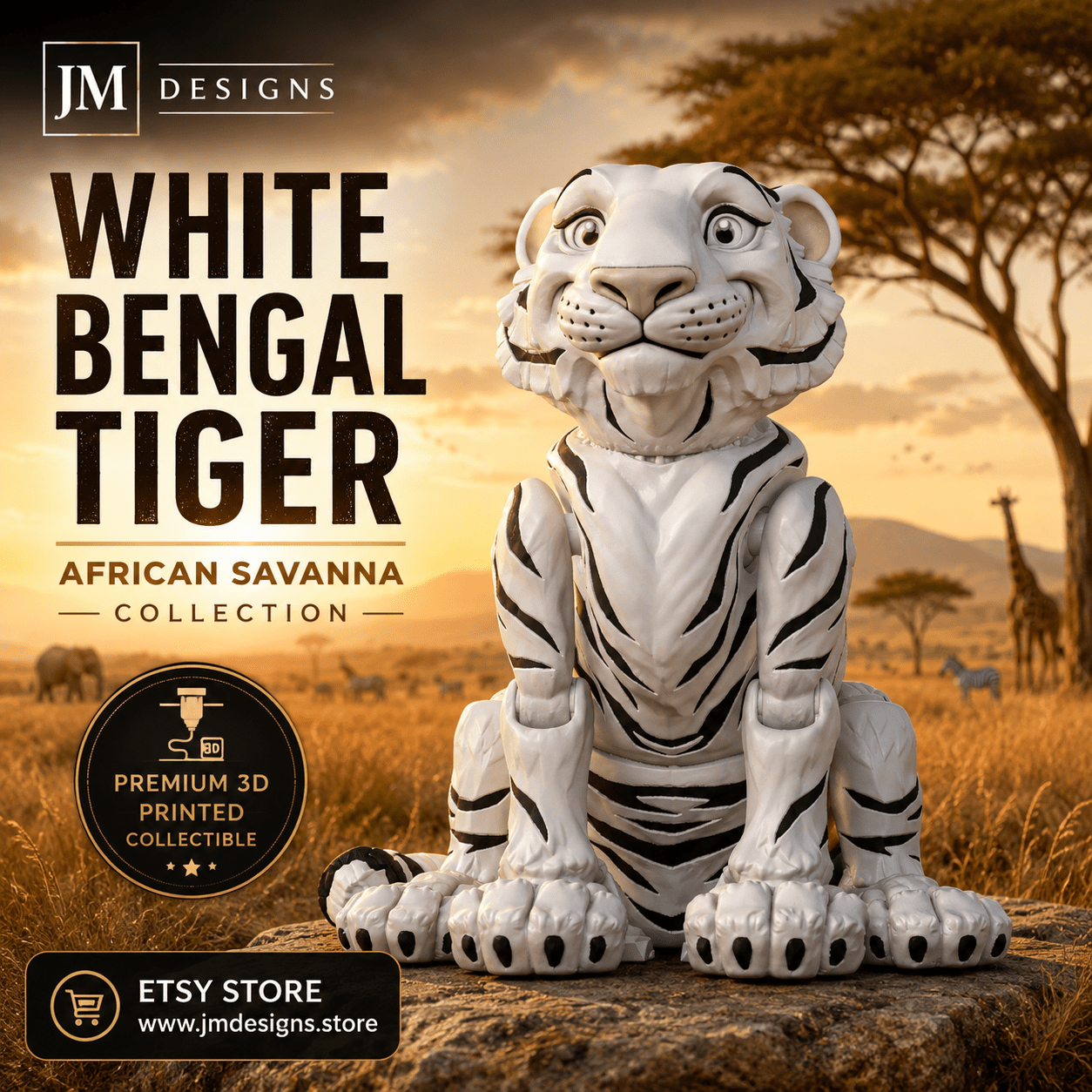 White Bengal Articulated Tiger — Posable Figure - JM Designs